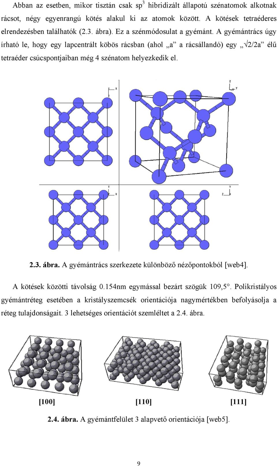 ábra. A gyémántrács szerkezete különböző nézőpontokból [web4]. A kötések közötti távolság 0.154nm egymással bezárt szögük 109,5.