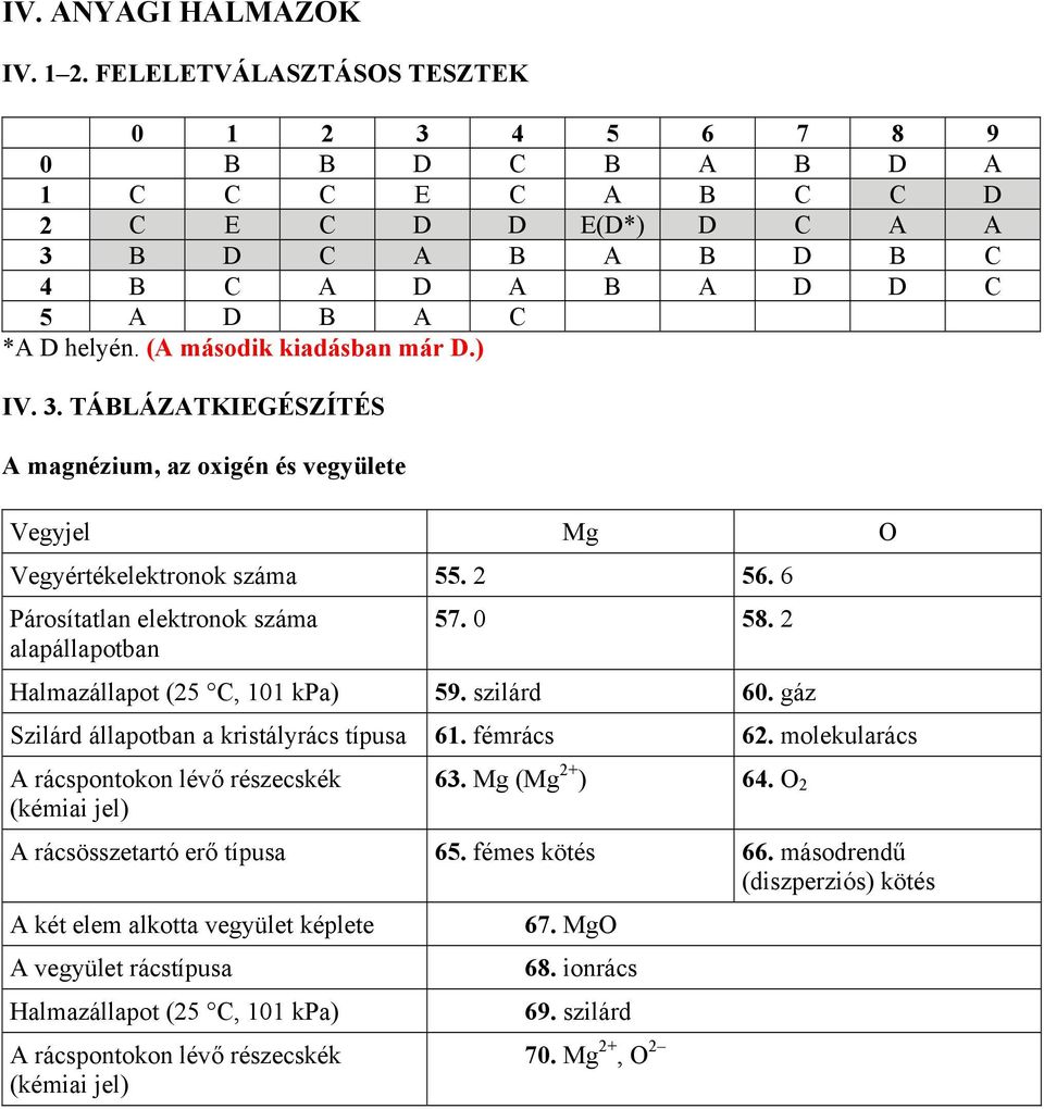 (A második kiadásban már D.) IV.. TÁBLÁZATKIEGÉSZÍTÉS A manézium, az oxién és veyülete Veyjel M O Veyértékelektronok száma 55. 2 56. 6 Párosítatlan elektronok száma alapállapotban 57. 0 58.