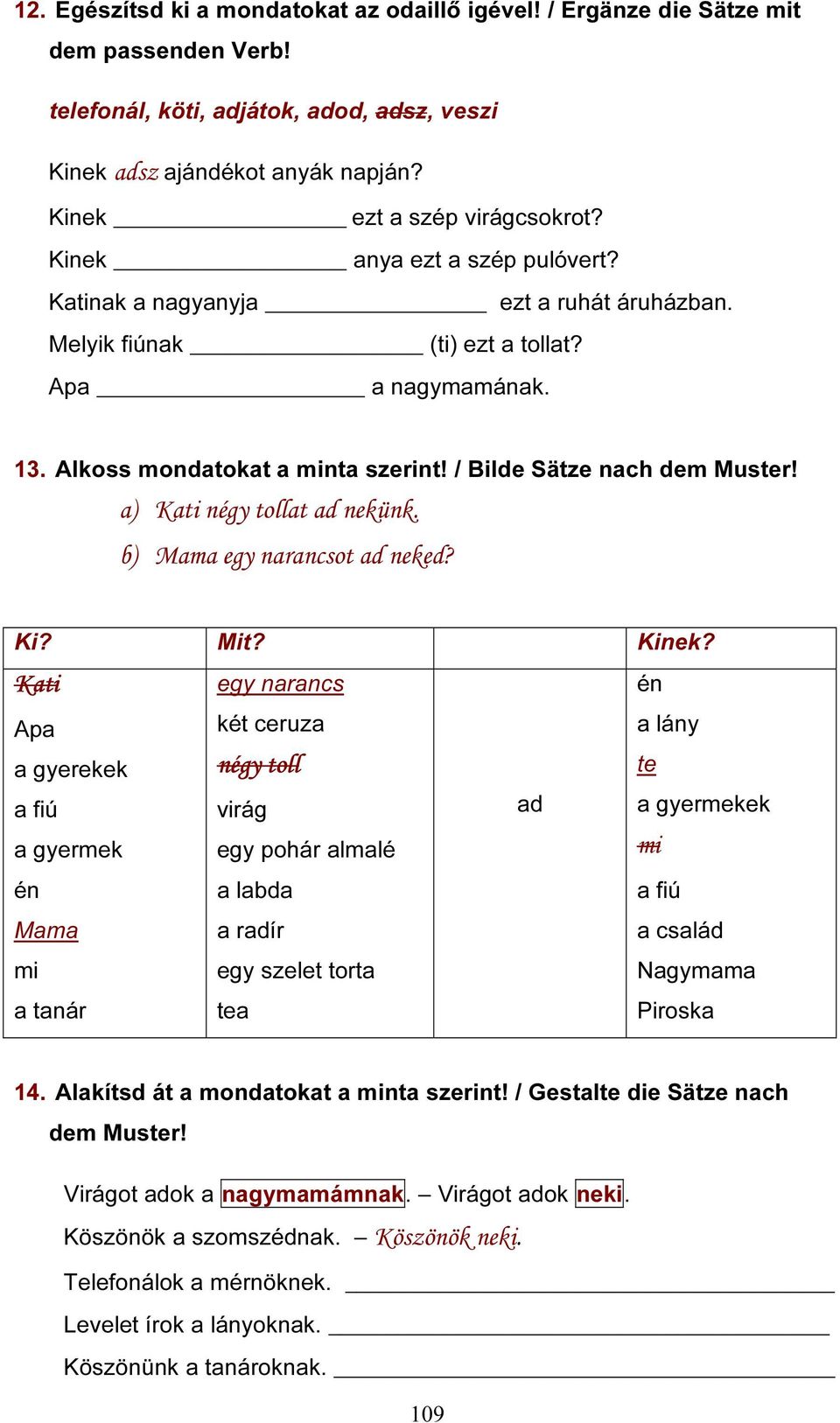 / Bilde Sätze nach dem Muster! a) Kati négy tollat ad nekünk. b) Mama egy narancsot ad neked? Ki? Mit? Kinek?