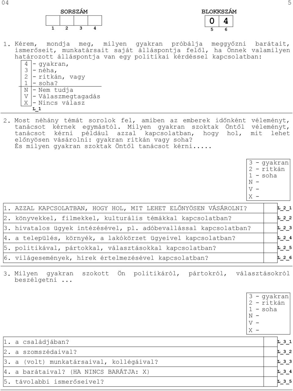 - gyakran, 3 - néha, 2 - ritkán, vagy 1 - soha? L_1 2. Most néhány témát sorolok fel, amiben az emberek időnként véleményt, tanácsot kérnek egymástól.