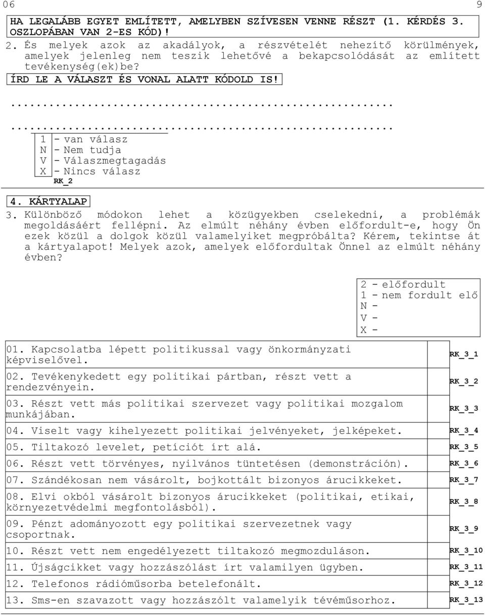 ÍRD LE A VÁLASZT ÉS VONAL ALATT KÓDOLD IS!...... 1 - van válasz RK_2 4. KÁRTYALAP 3. Különböző módokon lehet a közügyekben cselekedni, a problémák megoldásáért fellépni.