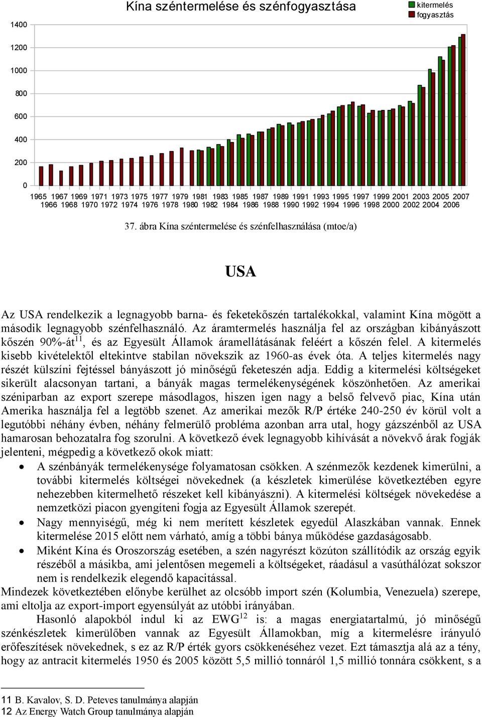 ábra Kína széntermelése és szénfelhasználása (mtoe/a) USA Az USA rendelkezik a legnagyobb barna- és feketekőszén tartalékokkal, valamint Kína mögött a második legnagyobb szénfelhasználó.
