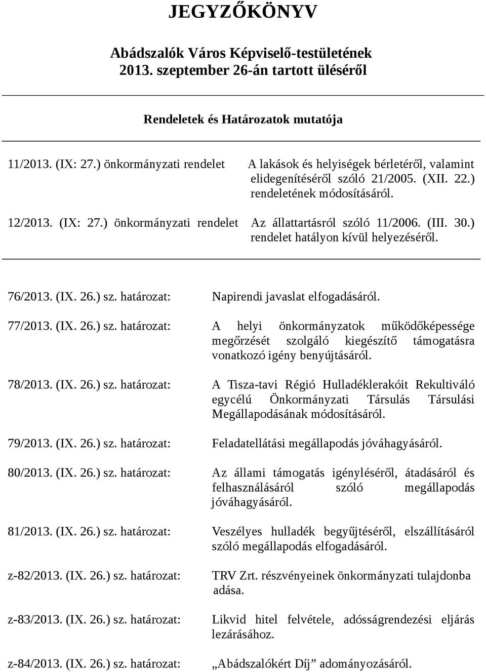 ) önkormányzati rendelet Az állattartásról szóló 11/2006. (III. 30.) rendelet hatályon kívül helyezéséről. 76/2013. (IX. 26.) sz. határozat: 77/2013. (IX. 26.) sz. határozat: 78/2013. (IX. 26.) sz. határozat: 79/2013.