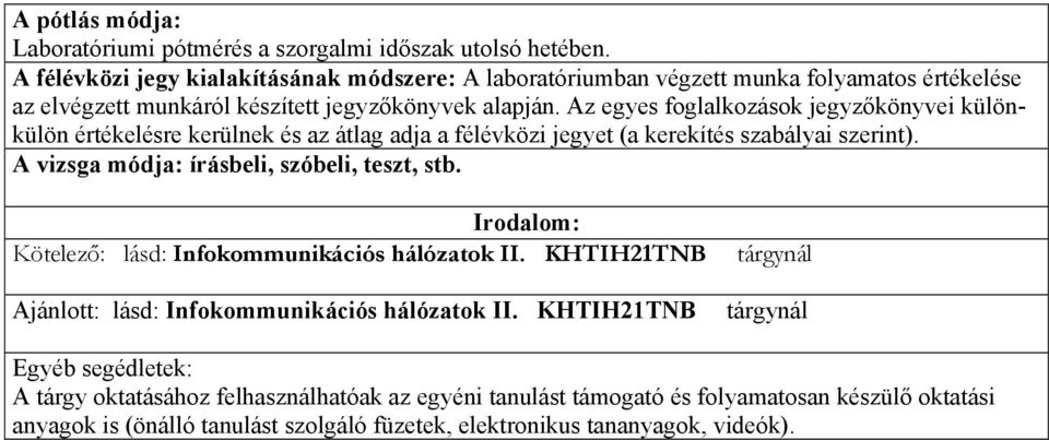 Az egyes foglalkozások jegyzőkönyvei különkülön értékelésre kerülnek és az átlag adja a félévközi jegyet (a kerekítés szabályai szerint). A vizsga módja: írásbeli, szóbeli, teszt, stb.