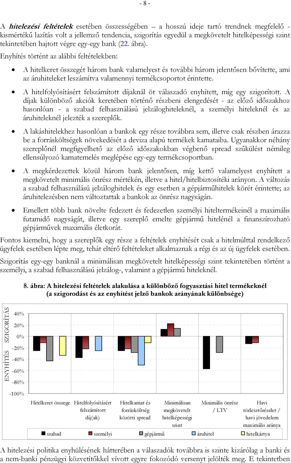 Enyhítés történt az alábbi feltételekben: A hitelkeret összegét három bank valamelyest és további három jelentősen bővítette, ami az áruhiteleket leszámítva valamennyi termékcsoportot érintette.