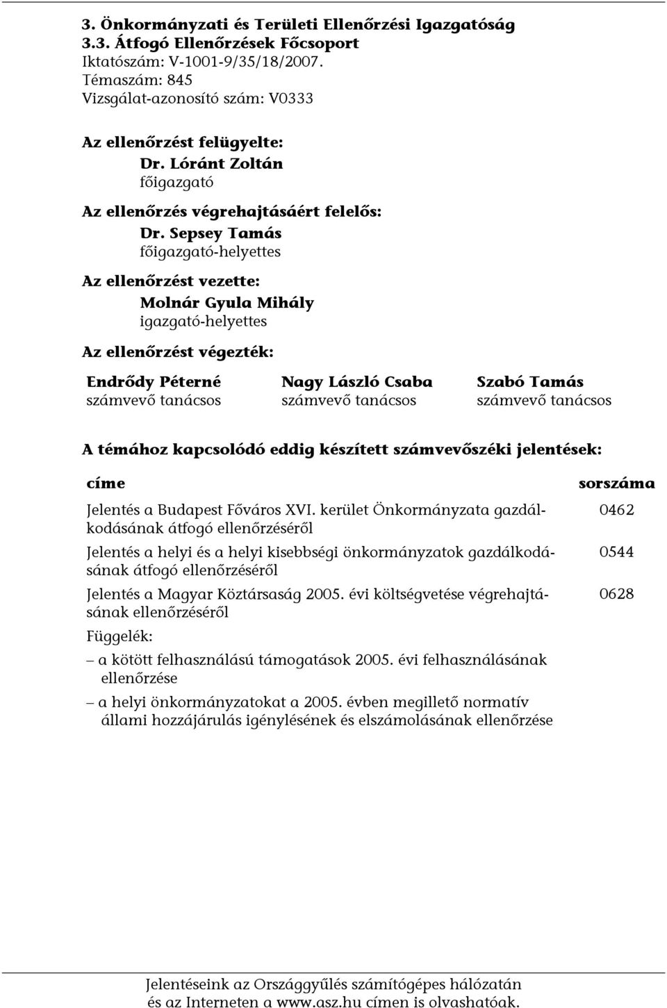 Sepsey Tamás főigazgató-helyettes Az ellenőrzést vezette: Molnár Gyula Mihály igazgató-helyettes Az ellenőrzést végezték: Endrődy Péterné számvevő tanácsos Nagy László Csaba számvevő tanácsos Szabó