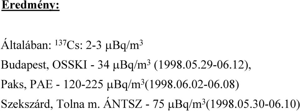 12), Paks, PAE - 120-225 µbq/m 3 (1998.06.02-06.