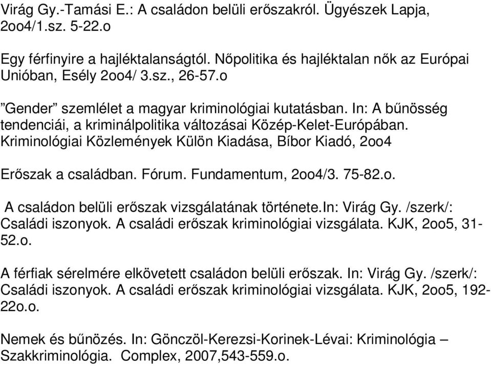 Kriminológiai Közlemények Külön Kiadása, Bíbor Kiadó, 2oo4 Erőszak a családban. Fórum. Fundamentum, 2oo4/3. 75-82.o. A családon belüli erőszak vizsgálatának története.in: Virág Gy.