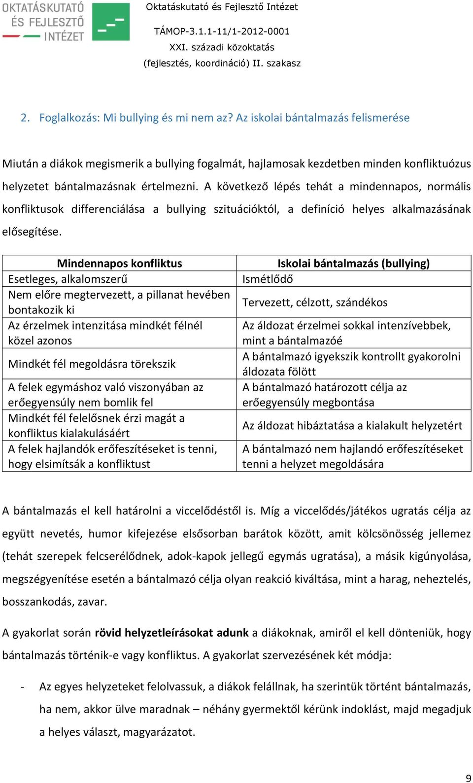 A következő lépés tehát a mindennapos, normális konfliktusok differenciálása a bullying szituációktól, a definíció helyes alkalmazásának elősegítése.