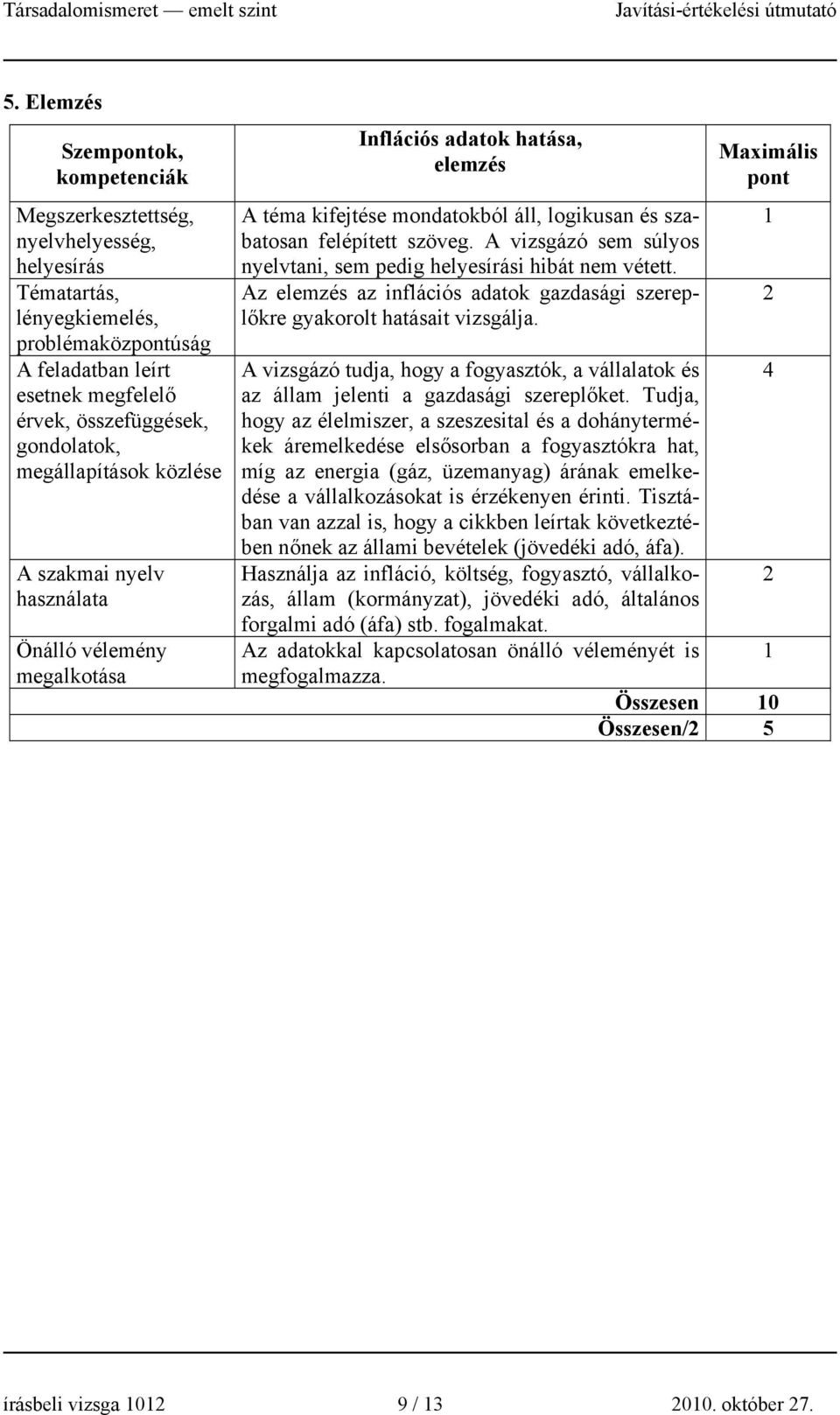 Az elemzés az inflációs adatok gazdasági szereplőkre gyakorolt hatásait vizsgálja. A vizsgázó tudja, hogy a fogyasztók, a vállalatok és az állam jelenti a gazdasági szereplőket.