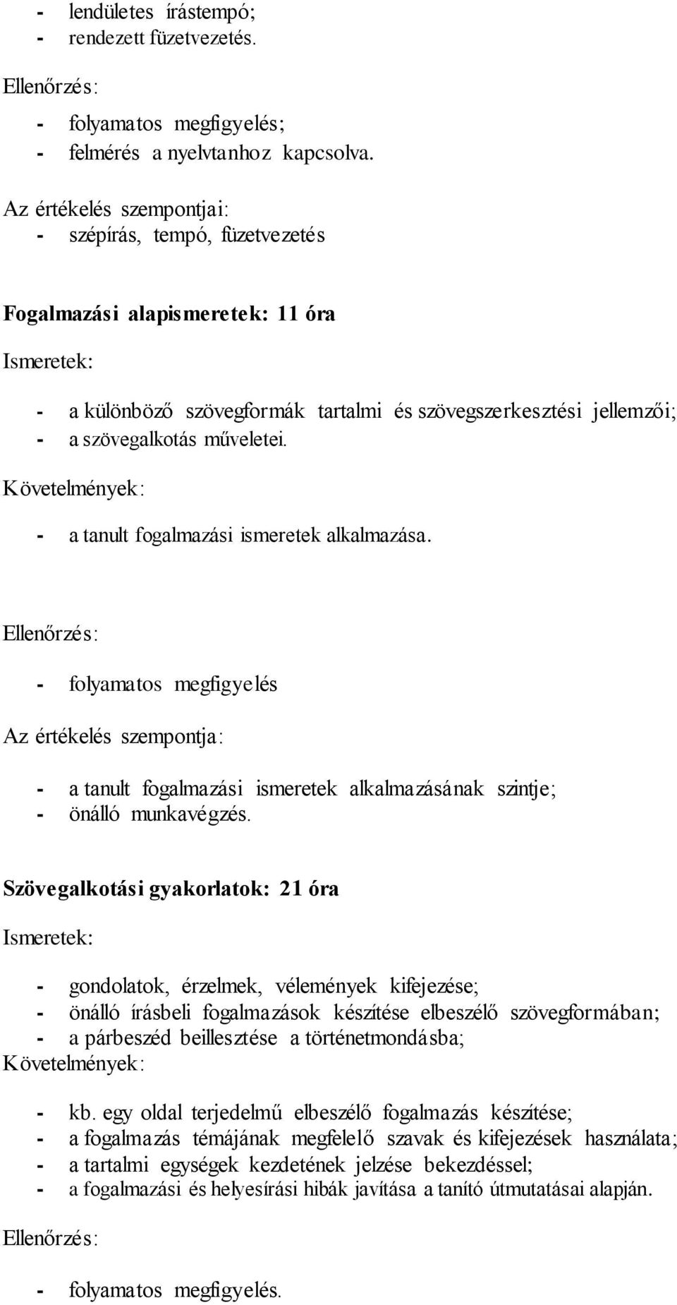 - a tanult fogalmazási ismeretek alkalmazása. - folyamatos megfigyelés Az értékelés szempontja: - a tanult fogalmazási ismeretek alkalmazásának szintje; - önálló munkavégzés.