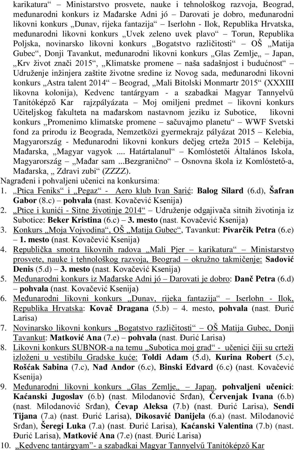 konkurs Glas Zemlje Japan, Krv ţivot znači 2015, Klimatske promene naša sadašnjost i budućnost Udruţenje inţinjera zaštite ţivotne sredine iz Novog sada, meďunarodni likovni konkurs Astra talent 2014