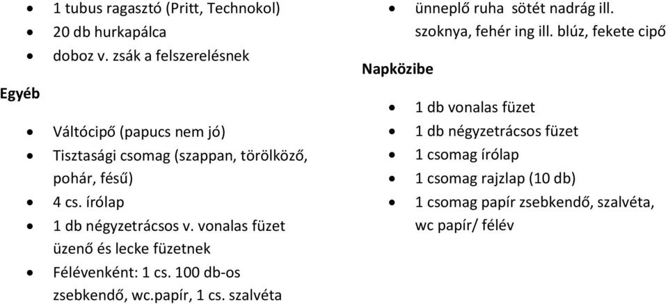 írólap 1 db négyzetrácsos v. vonalas füzet üzenő és lecke füzetnek Félévenként: 1 cs. 100 db-os zsebkendő, wc.papír, 1 cs.