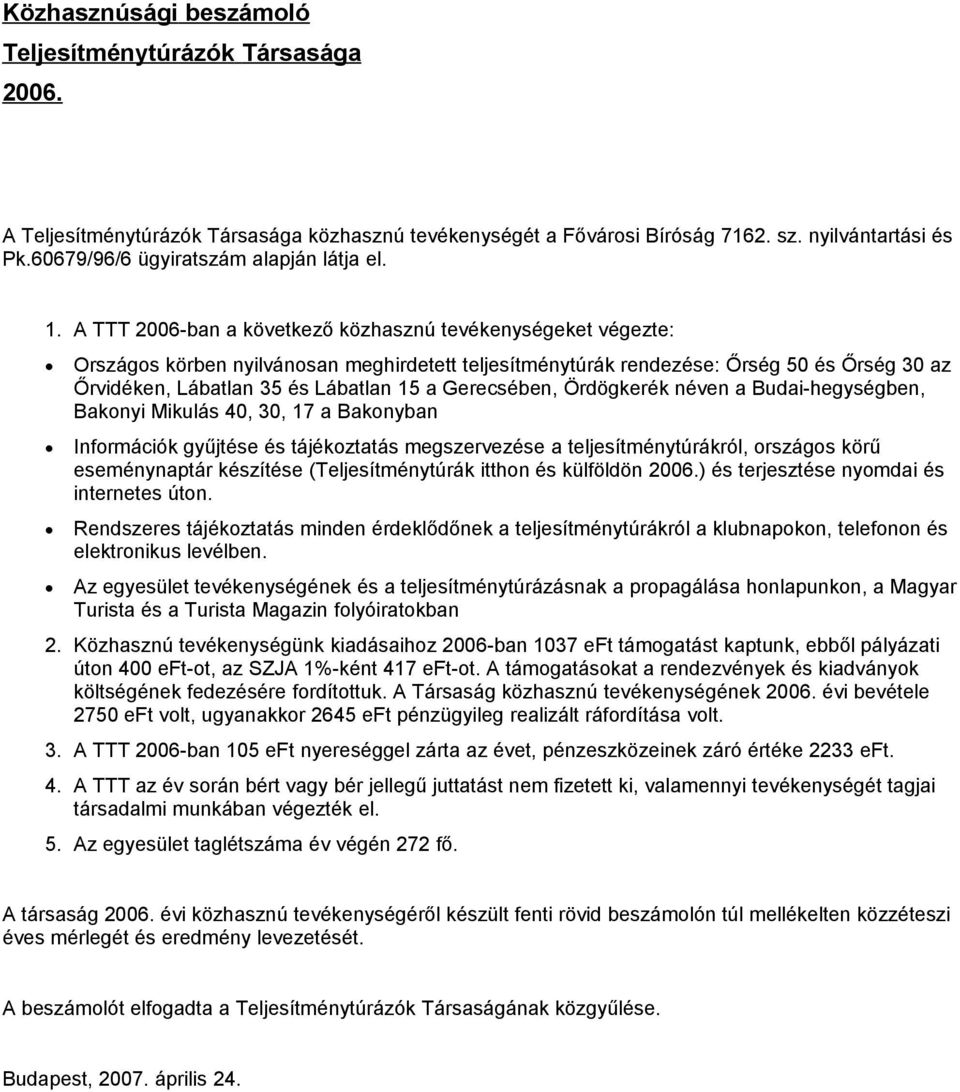 Gerecsében, Ördögkerék néven a Budai-hegységben, Bakonyi Mikulás 40, 30, 17 a Bakonyban Információk gyűjtése és tájékoztatás megszervezése a teljesítménytúrákról, országos körű eseménynaptár