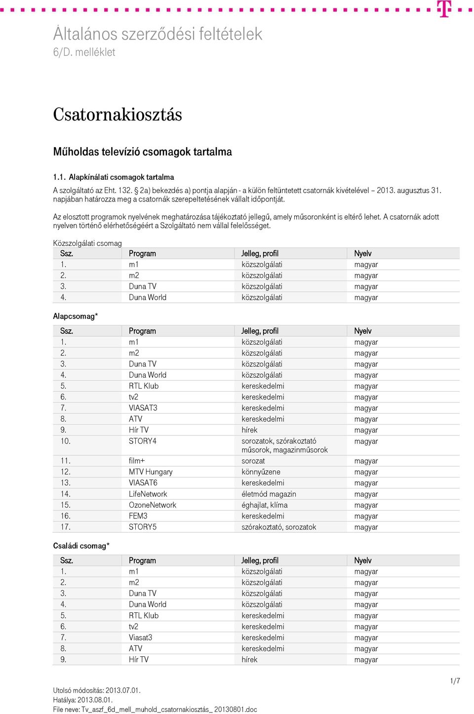 A csatornák adott nyelven történő elérhetőségéért a Szolgáltató nem vállal felelősséget. Közszolgálati csomag 1. m1 közszolgálati 2. m2 közszolgálati 3. Duna TV közszolgálati 4.