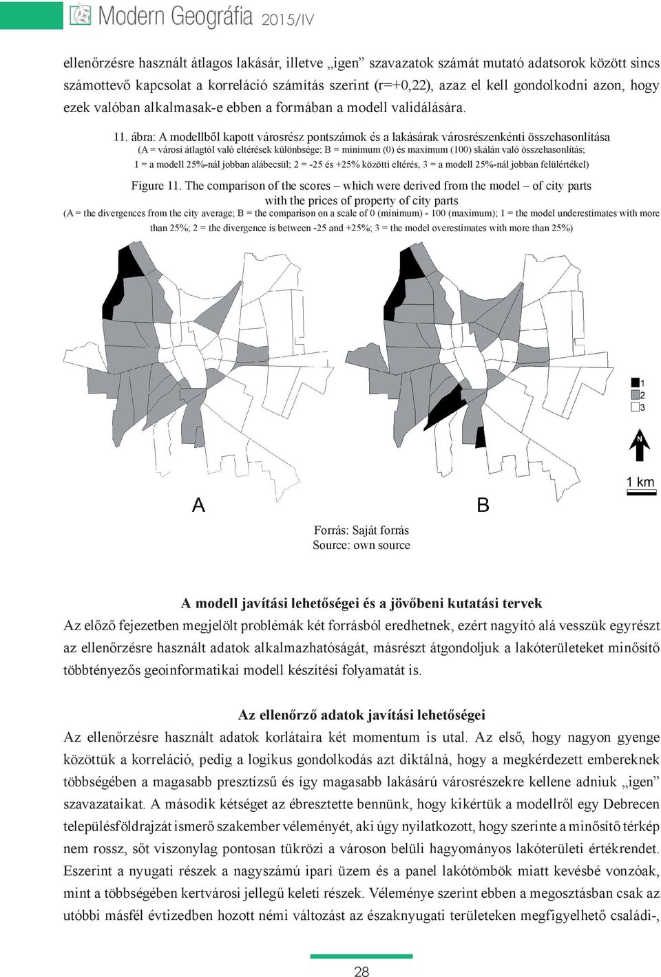 ábra: A modellből kapott városrész pontszámok és a lakásárak városrészenkénti összehasonlítása (A = városi átlagtól való eltérések különbsége; B = minimum (0) és maximum (100) skálán való