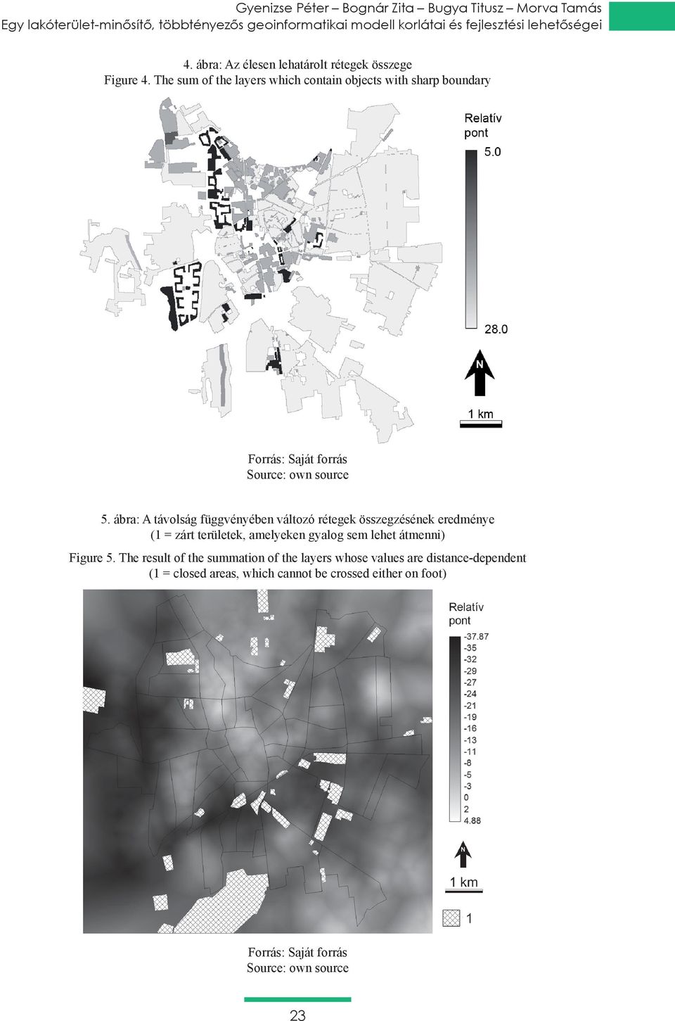 ábra: A távolság függvényében változó rétegek összegzésének eredménye (1 = zárt területek, amelyeken gyalog sem lehet átmenni) Figure 5.