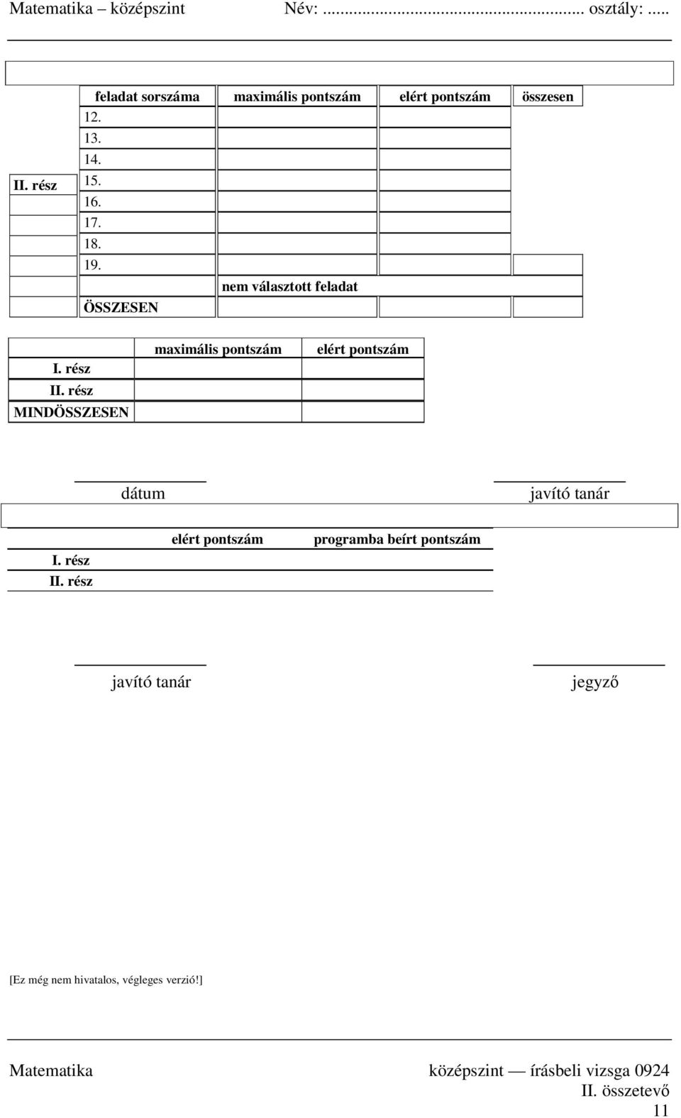 rész MINDÖSSZESEN maximális pontszám elért pontszám dátum javító tanár I. rész II.