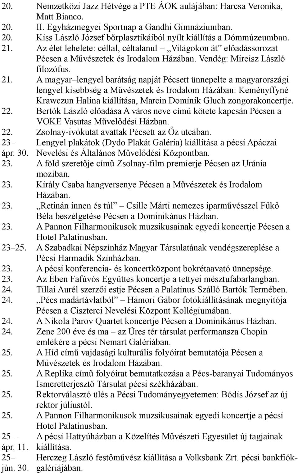 A magyar lengyel barátság napját Pécsett ünnepelte a magyarországi lengyel kisebbség a Művészetek és Irodalom Házában: Keményffyné Krawczun Halina kiállítása, Marcin Dominik Gluch zongorakoncertje.