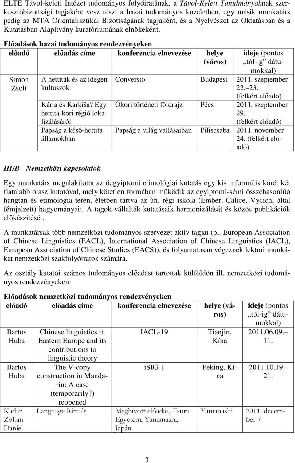 Elıadások hazai tudományos rendezvényeken elıadó elıadás címe konferencia elnevezése helye (város) A hettiták és az idegen kultuszok Kária és Karkiša?