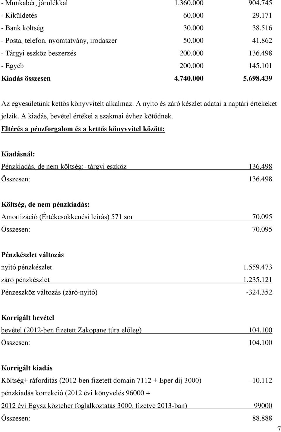 A kiadás, bevétel értékei a szakmai évhez kötődnek. Eltérés a pénzforgalom és a kettős könyvvitel között: Kiadásnál: Pénzkiadás, de nem költség:- tárgyi eszköz 136.498 Összesen: 136.