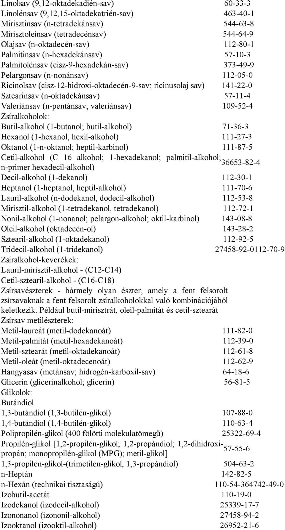 Sztearinsav (n-oktadekánsav) 57-11-4 Valeriánsav (n-pentánsav; valeriánsav) 109-52-4 Zsíralkoholok: Butil-alkohol (1-butanol; butil-alkohol) 71-36-3 Hexanol (1-hexanol, hexil-alkohol) 111-27-3