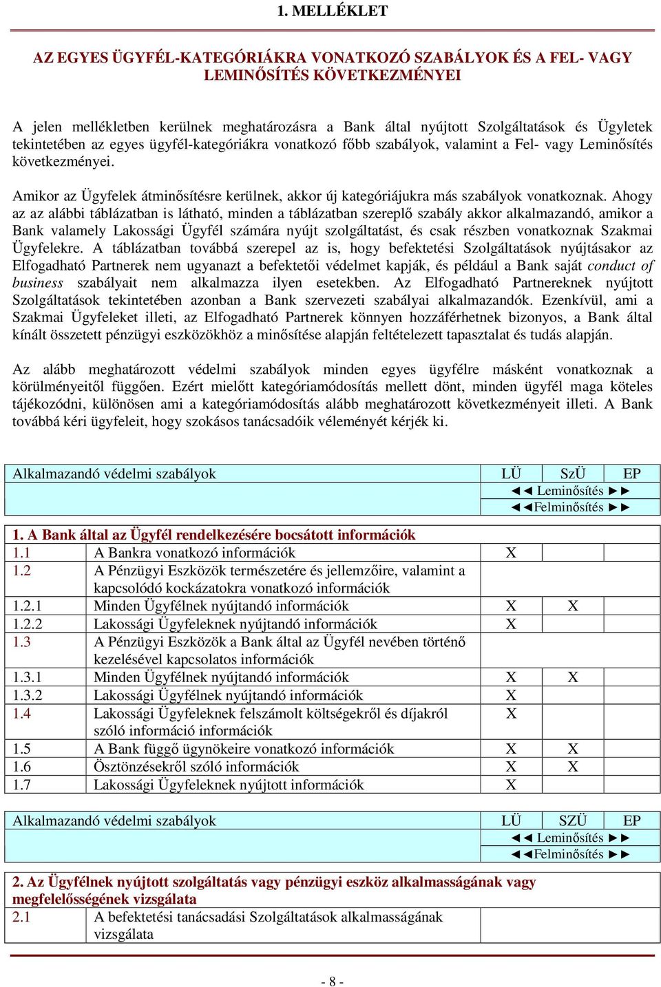 Amikor az Ügyfelek átminısítésre kerülnek, akkor új kategóriájukra más szabályok vonatkoznak.