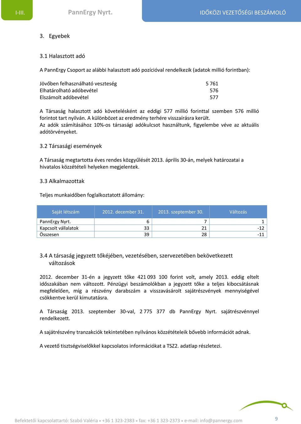 577 A Társaság halasztott adó követelésként az eddigi 577 millió forinttal szemben 576 millió forintot tart nyilván. A különbözet az eredmény terhére visszaírásra került.