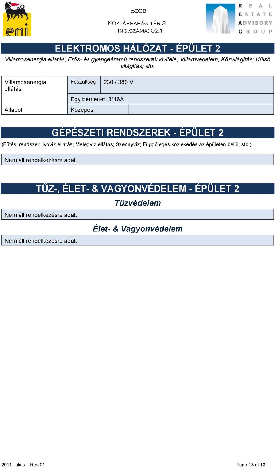 3*16A Közepes GÉPÉSZETI RENDSZEREK - ÉPÜLET 2 (Fűtési rendszer; Ivóvíz ellátás; Melegvíz ellátás; Szennyvíz; Függőleges közlekedés az