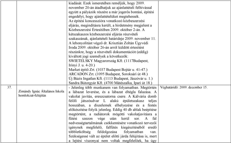 Az építési koncesszióra vonatkozó közbeszerzési eljárás, megindításra került, a hirdetmény megjelent a Közbeszerzési Értesítőben 2009. október 2-án.