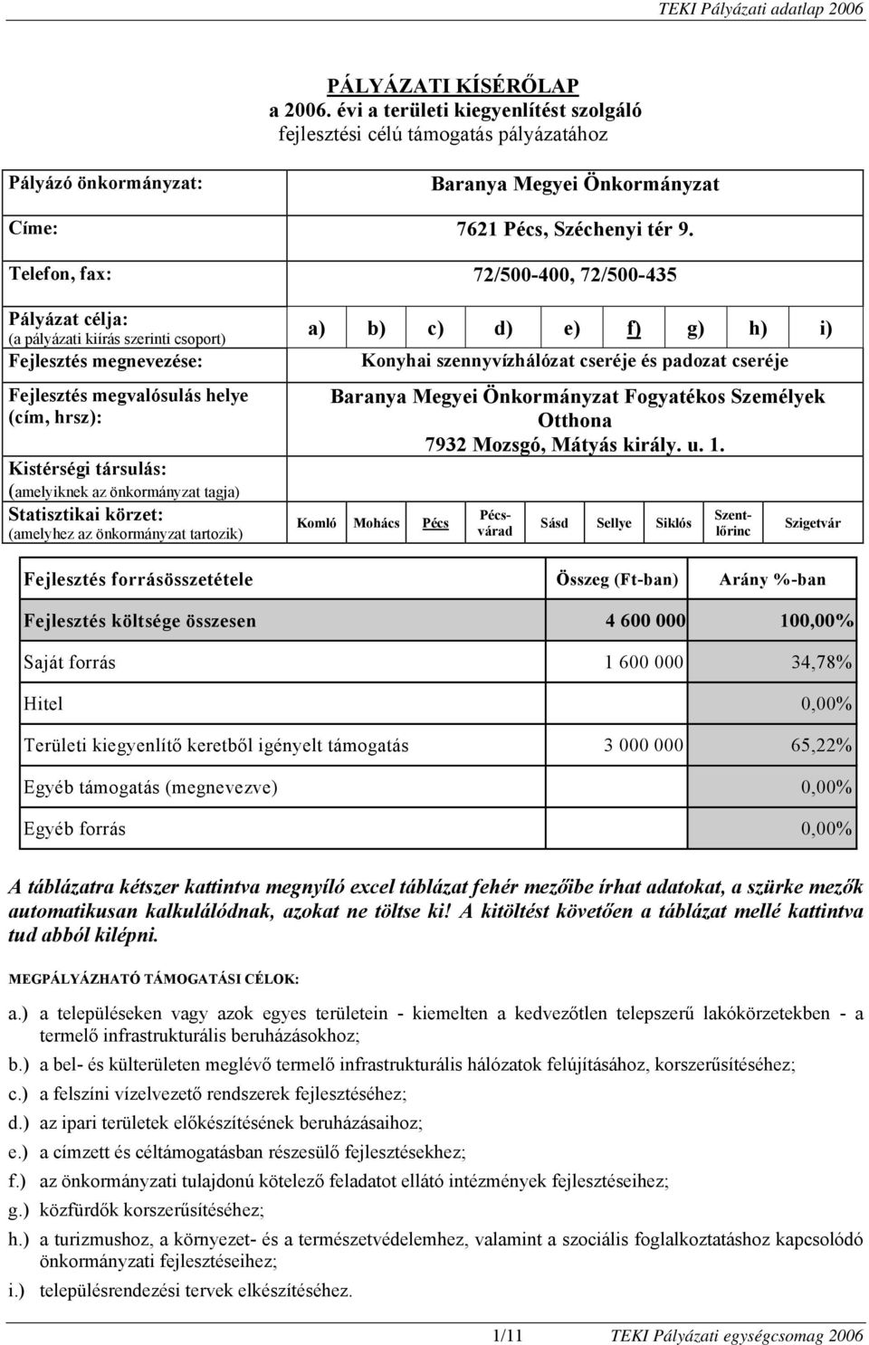 Telefon, fax: 72/500-400, 72/500-435 Pályázat célja: (a pályázati kiírás szerinti csoport) Fejlesztés megnevezése: Fejlesztés megvalósulás helye (cím, hrsz): Kistérségi társulás: (amelyiknek az