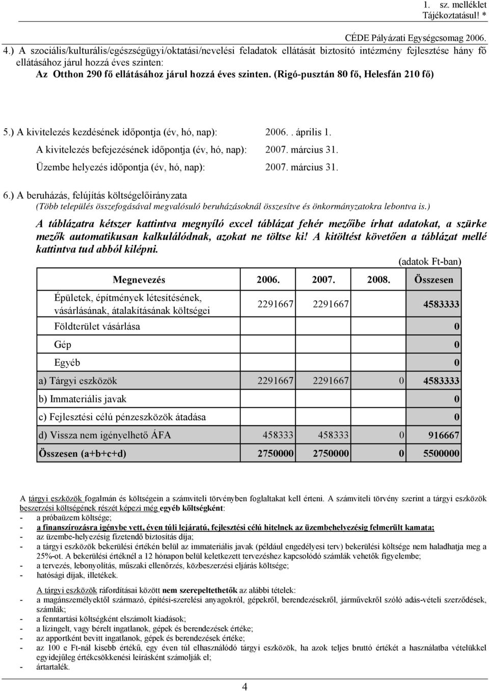szinten. (Rigó-pusztán 80 fő, Helesfán 210 fő) 5.) A kivitelezés kezdésének időpontja (év, hó, nap): 2006.. április 1. A kivitelezés befejezésének időpontja (év, hó, nap): 2007. március 31.