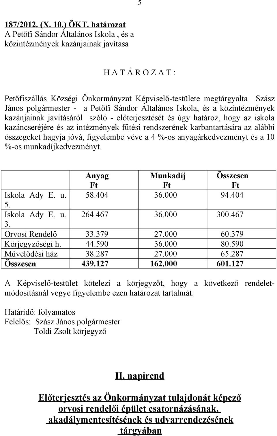 a Petőfi Sándor Általános Iskola, és a közintézmények kazánjainak javításáról szóló - előterjesztését és úgy határoz, hogy az iskola kazáncseréjére és az intézmények fűtési rendszerének