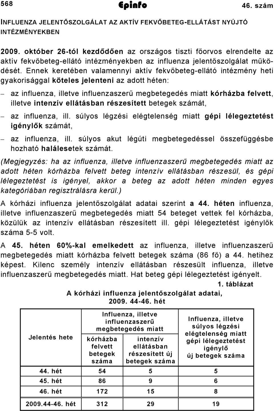 Ennek keretében valamennyi aktív fekvőbetegellátó intézmény heti gyakorisággal köteles jelenteni az adott héten: az influenza, illetve influenzaszerű megbetegedés miatt kórházba felvett, illetve