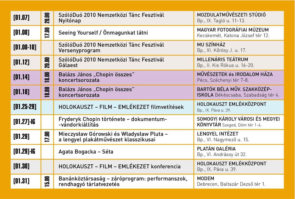 00 SzólóDuó 2010 Nemzetközi Tánc Fesztivál Nyitónap Seeing Yourself / Önmagunkat látni SzólóDuó 2010 Nemzetközi Tánc Fesztivál Versenyprogram SzólóDuó 2010 Nemzetközi Tánc Fesztivál Gálaest Balázs