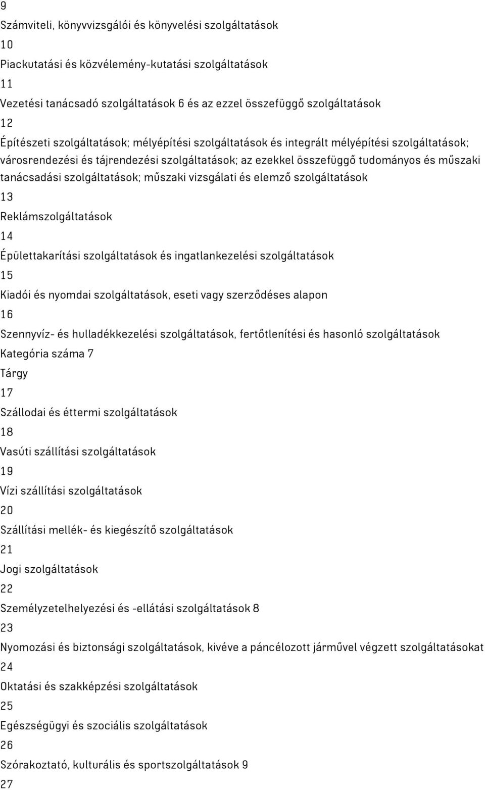 szolgáltatások; műszaki vizsgálati és elemző szolgáltatások 13 Reklámszolgáltatások 14 Épülettakarítási szolgáltatások és ingatlankezelési szolgáltatások 15 Kiadói és nyomdai szolgáltatások, eseti