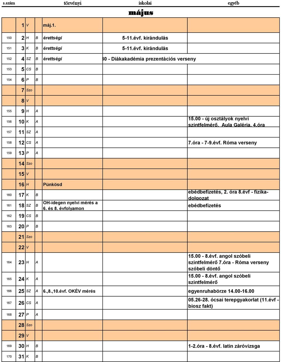 Róma verseny 159 13 P A 14 Szo 15 V 16 H Pünkösd 160 17 K B 161 18 SZ B 162 19 CS B OH-idegen nyelvi mérés a 6. és 8. évfolyamon ebédbefizetés, 2. óra 8.