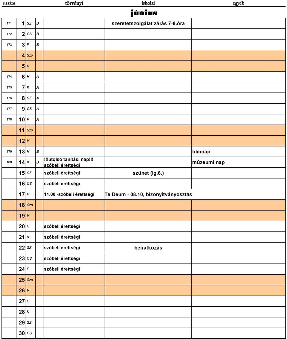 !!utolsó tanítási nap!!! szóbeli érettségi 15 SZ szóbeli érettségi szünet (ig.6.) múzeumi nap 16 CS szóbeli érettségi 17 P 11.