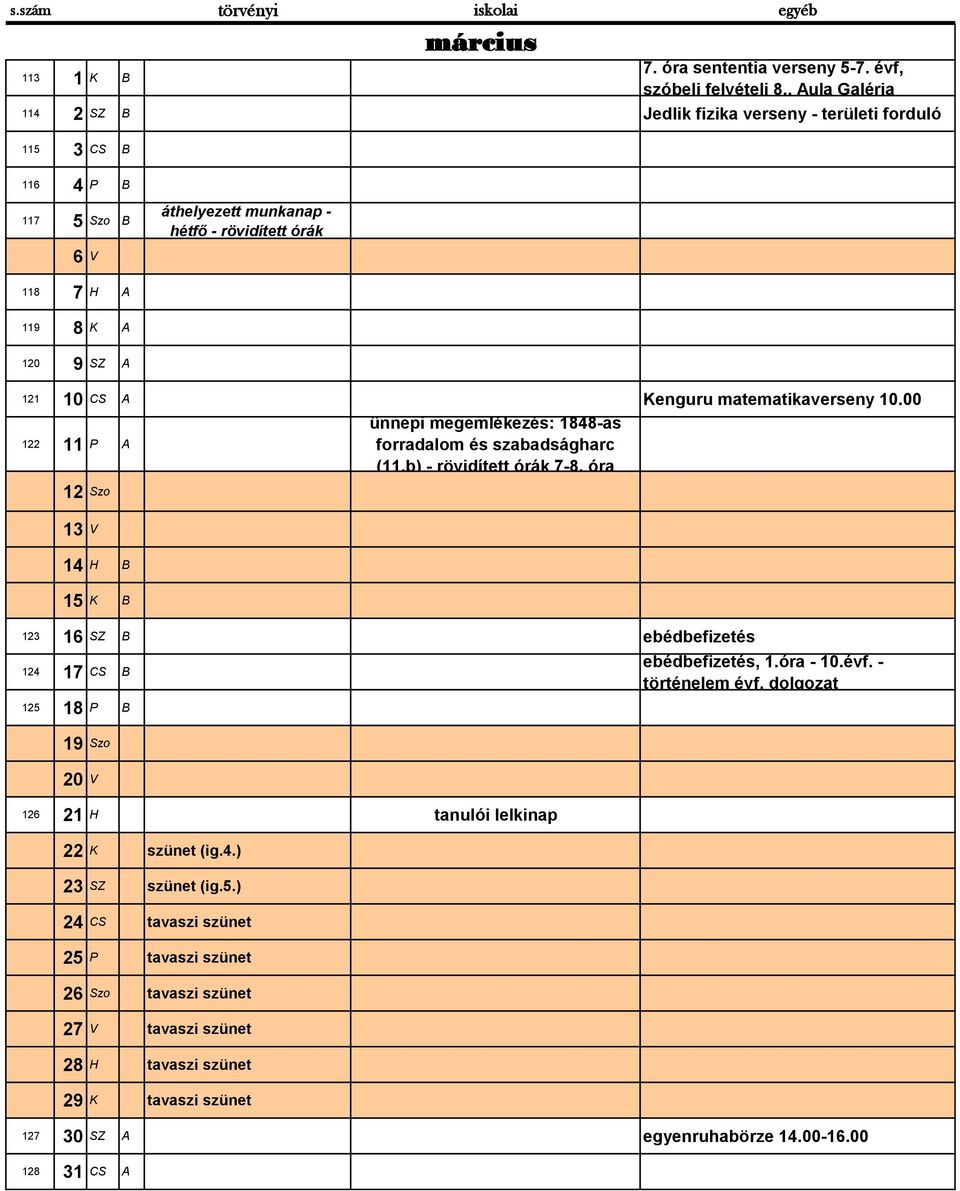 Kenguru matematikaverseny 10.00 122 11 P A 12 Szo 13 V 14 H B 15 K B ünnepi megemlékezés: 1848-as forradalom és szabadságharc (11.b) - rövidített órák 7-8.