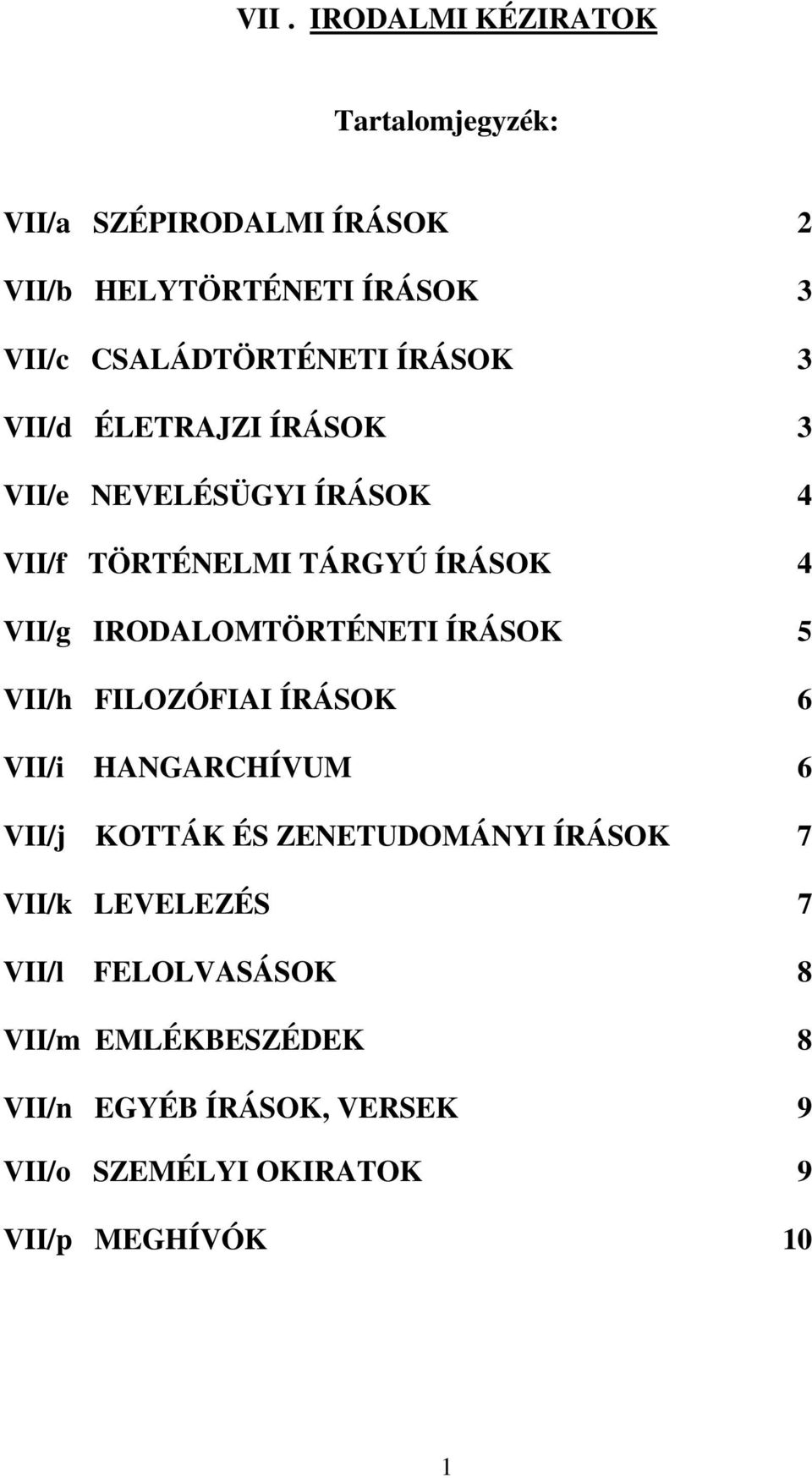 IRODALOMTÖRTÉNETI ÍRÁSOK 5 VII/h FILOZÓFIAI ÍRÁSOK 6 VII/i HANGARCHÍVUM 6 VII/j KOTTÁK ÉS ZENETUDOMÁNYI ÍRÁSOK 7