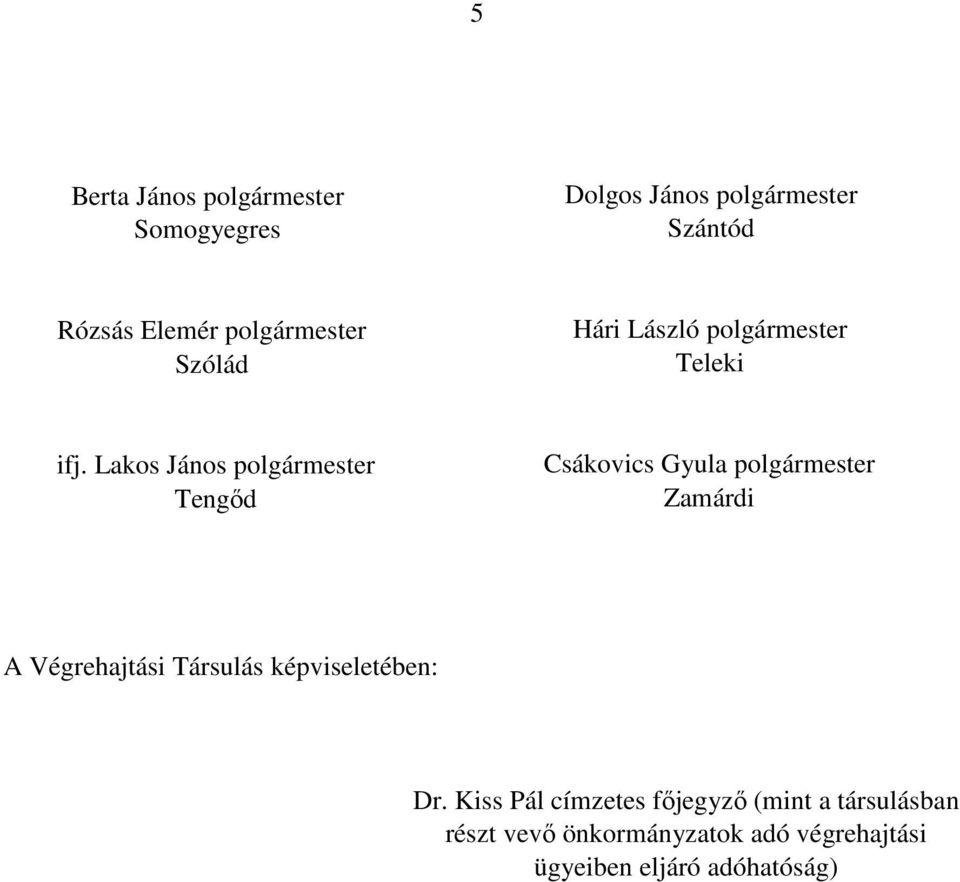 Lakos János polgármester Tengőd Csákovics Gyula polgármester Zamárdi A Végrehajtási Társulás