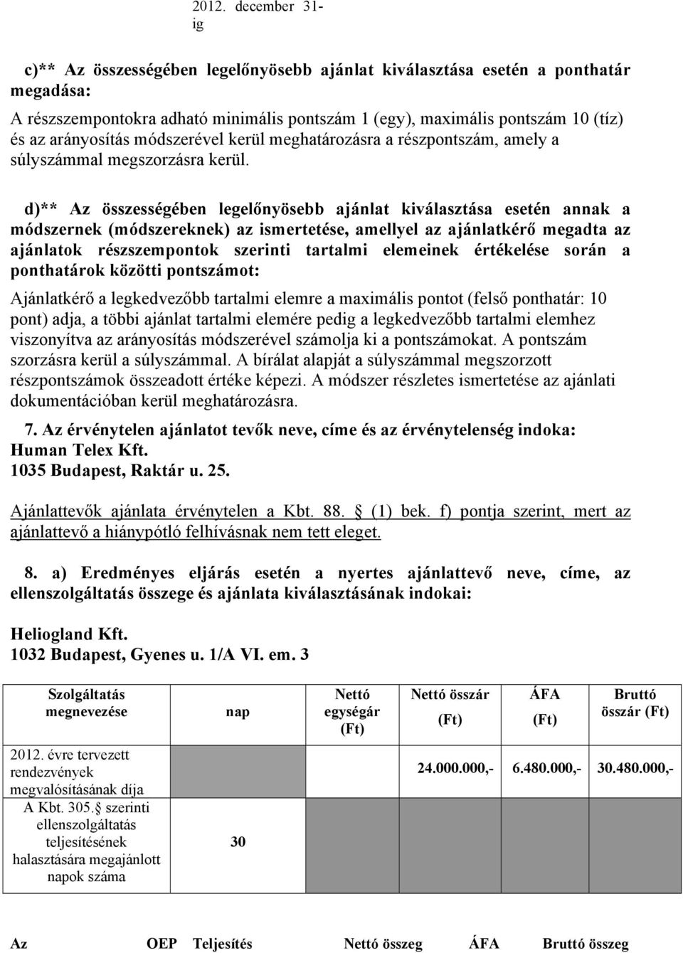 d)** Az összességében legelőnyösebb ajánlat kiválasztása esetén annak a módszernek (módszereknek) az ismertetése, amellyel az ajánlatkérő megadta az ajánlatok részszempontok szerinti tartalmi