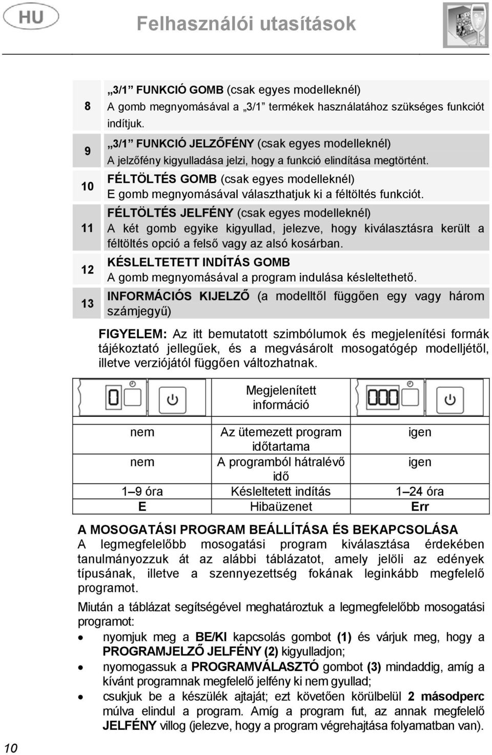 FÉLTÖLTÉS GOMB (csak egyes modelleknél) E gomb megnyomásával választhatjuk ki a féltöltés funkciót.