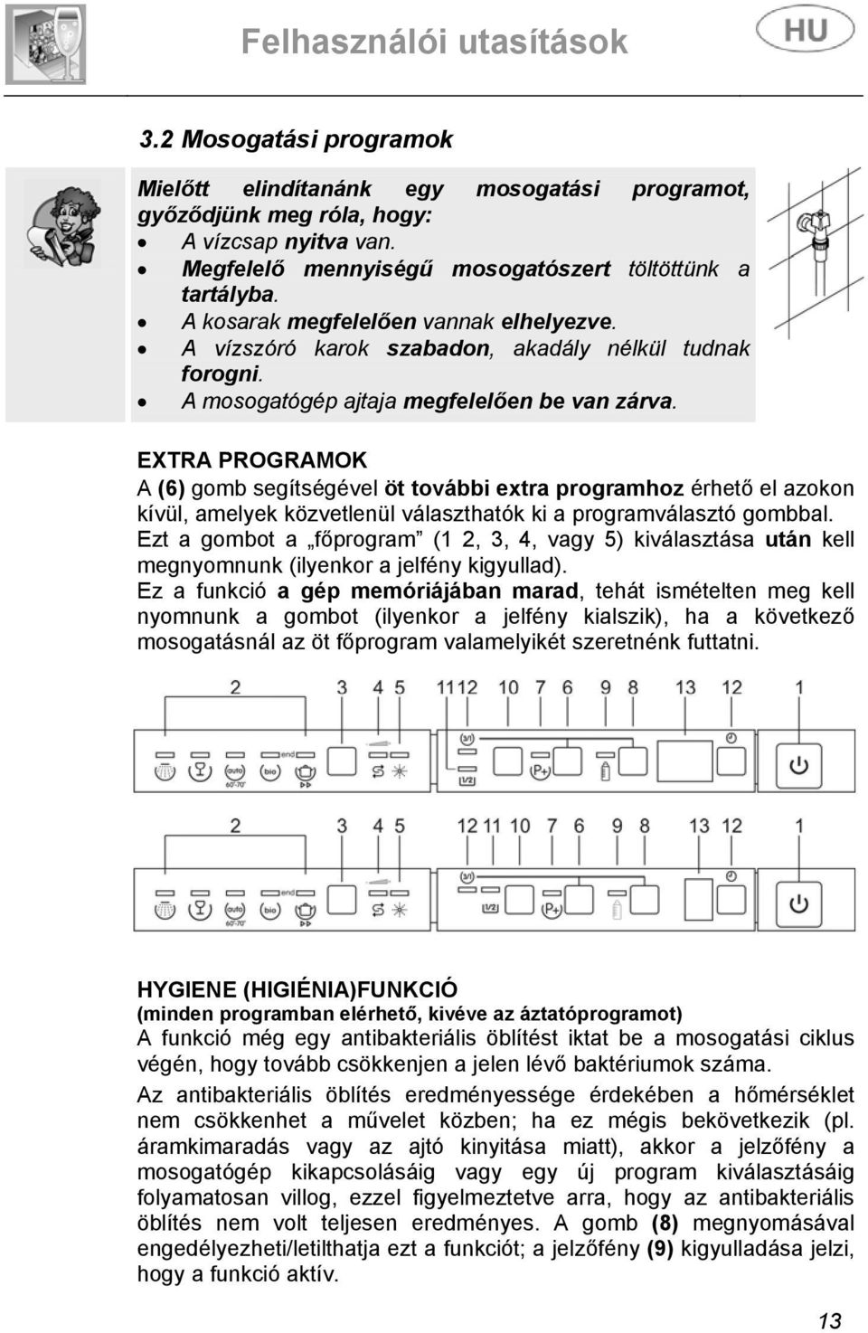 EXTRA PROGRAMOK A (6) gomb segítségével öt további extra programhoz érhető el azokon kívül, amelyek közvetlenül választhatók ki a programválasztó gombbal.