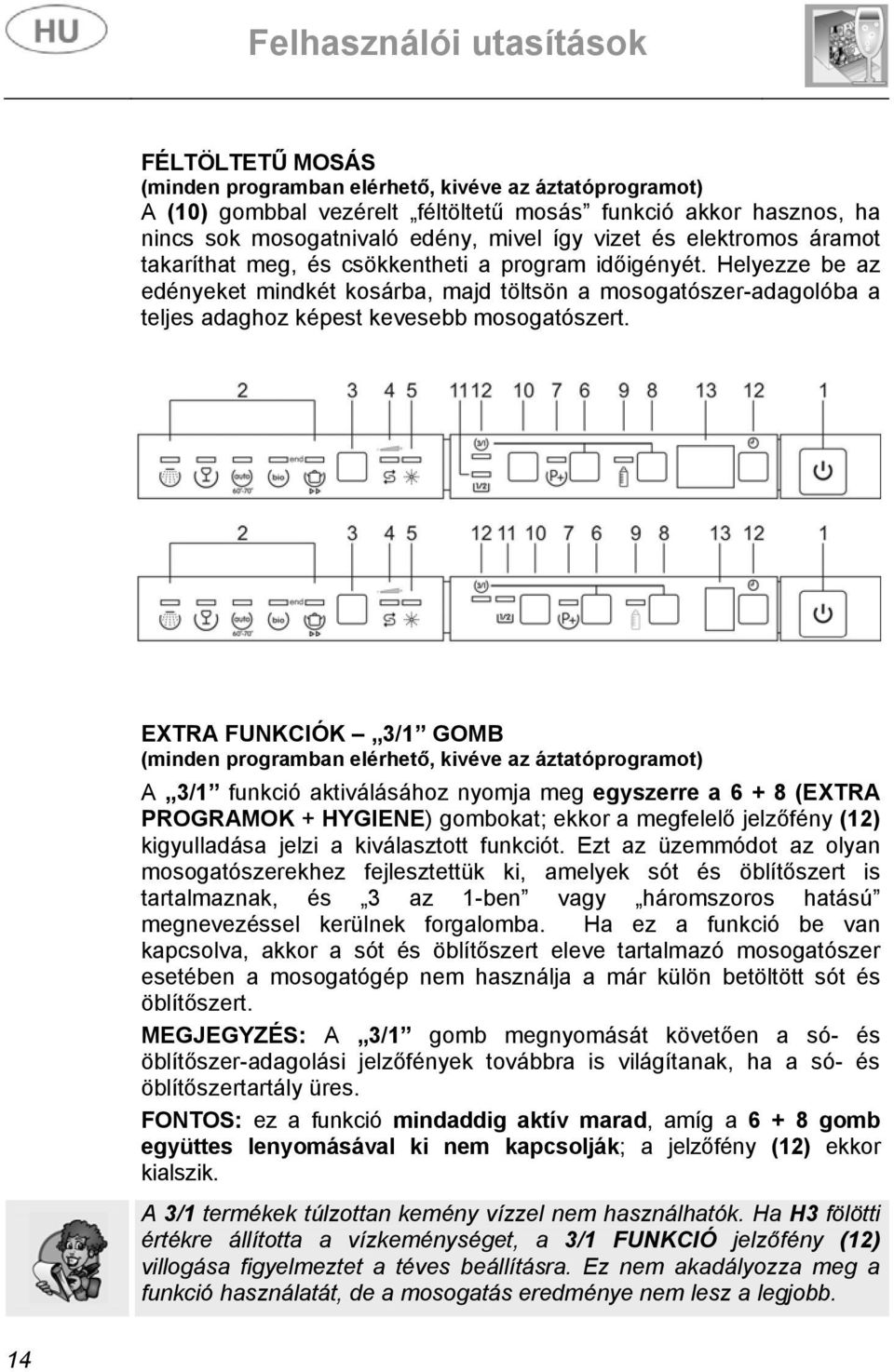EXTRA FUNKCIÓK 3/1 GOMB (minden programban elérhető, kivéve az áztatóprogramot) A 3/1 funkció aktiválásához nyomja meg egyszerre a 6 + 8 (EXTRA PROGRAMOK + HYGIENE) gombokat; ekkor a megfelelő
