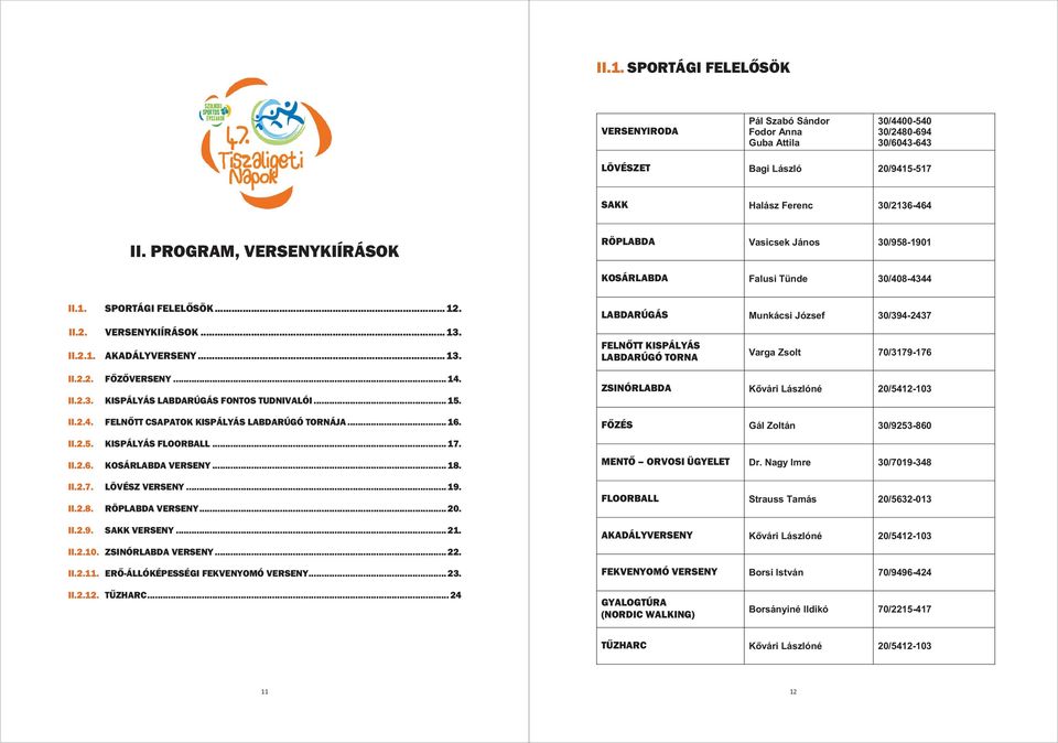 .. 14. II.2.3. KISPÁLYÁS LABDARÚGÁS FONTOS TUDNIVALÓI... 15. II.2.4. FELNŐTT CSAPATOK KISPÁLYÁS LABDARÚGÓ TORNÁJA... 16. II.2.5. KISPÁLYÁS FLOORBALL... 17. II.2.6. KOSÁRLABDA VERSENY... 18. II.2.7. LÖVÉSZ VERSENY.