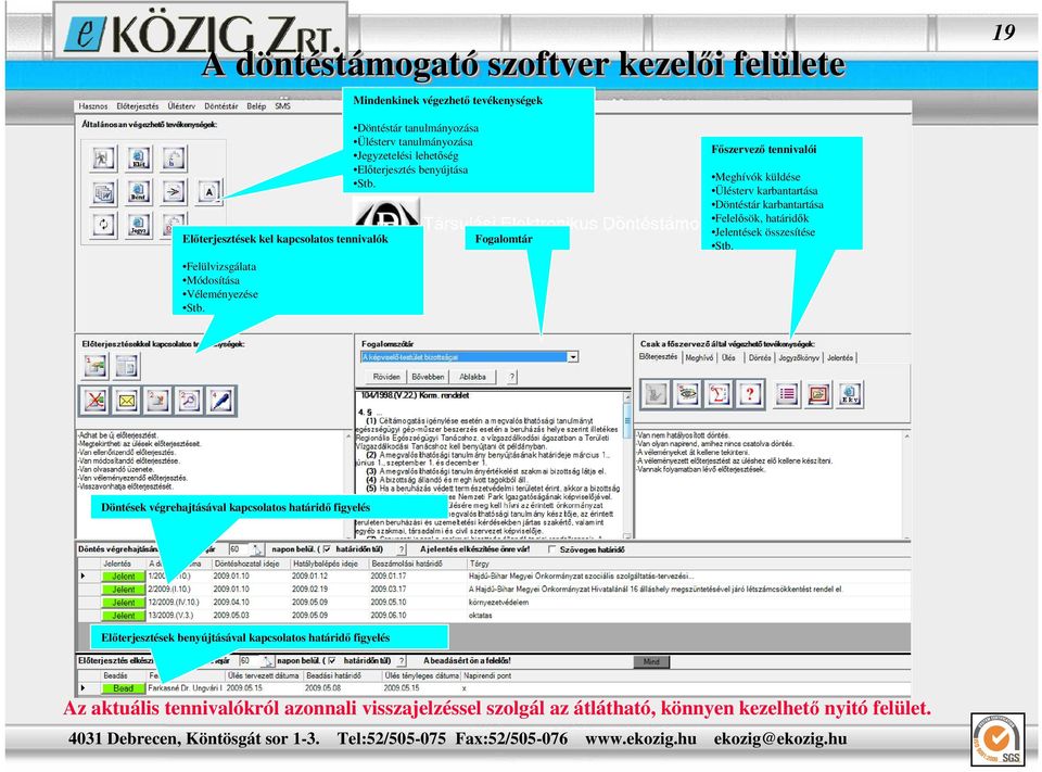 Fogalomtár Fıszervezı tennivalói Meghívók küldése Ülésterv karbantartása Döntéstár karbantartása Felelısök, határidık Jelentések összesítése Stb.