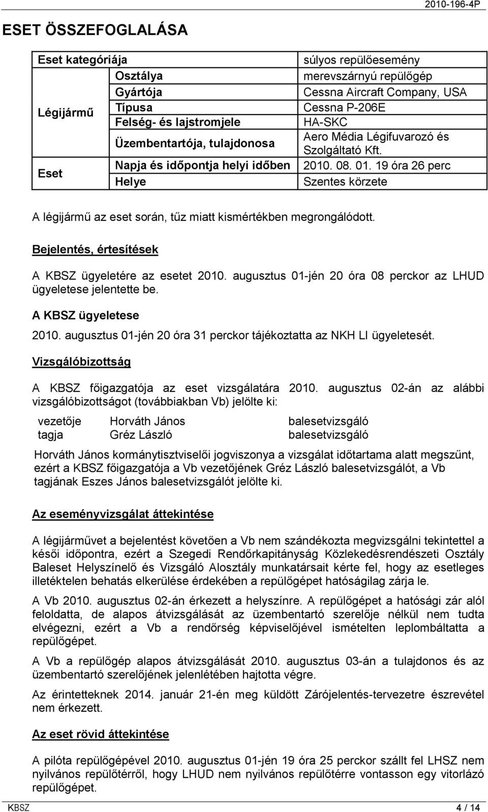 19 óra 26 perc Szentes körzete A légijármű az eset során, tűz miatt kismértékben megrongálódott. Bejelentés, értesítések A KBSZ ügyeletére az esetet 2010.