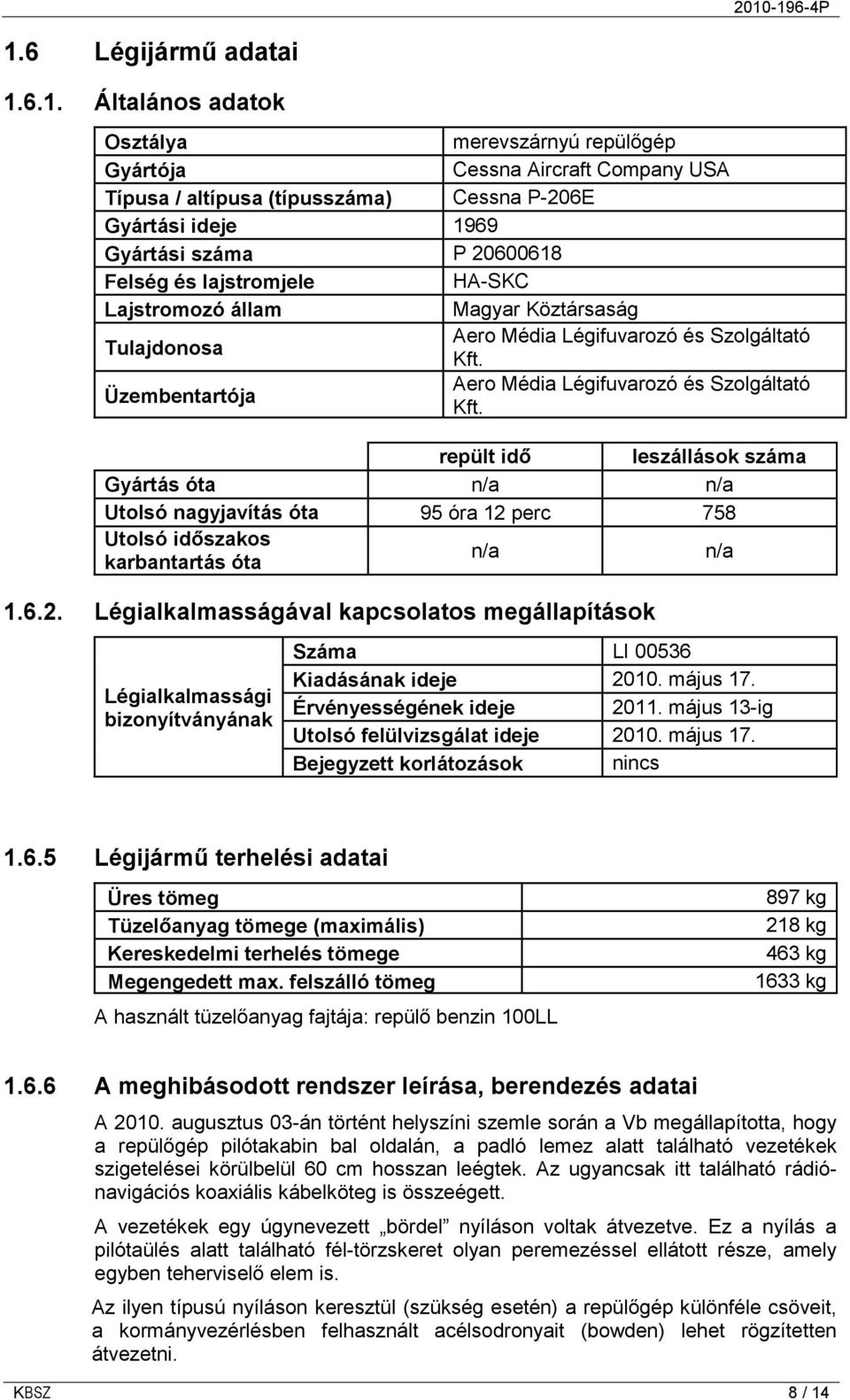 repült idő leszállások száma Gyártás óta n/a n/a Utolsó nagyjavítás óta 95 óra 12 