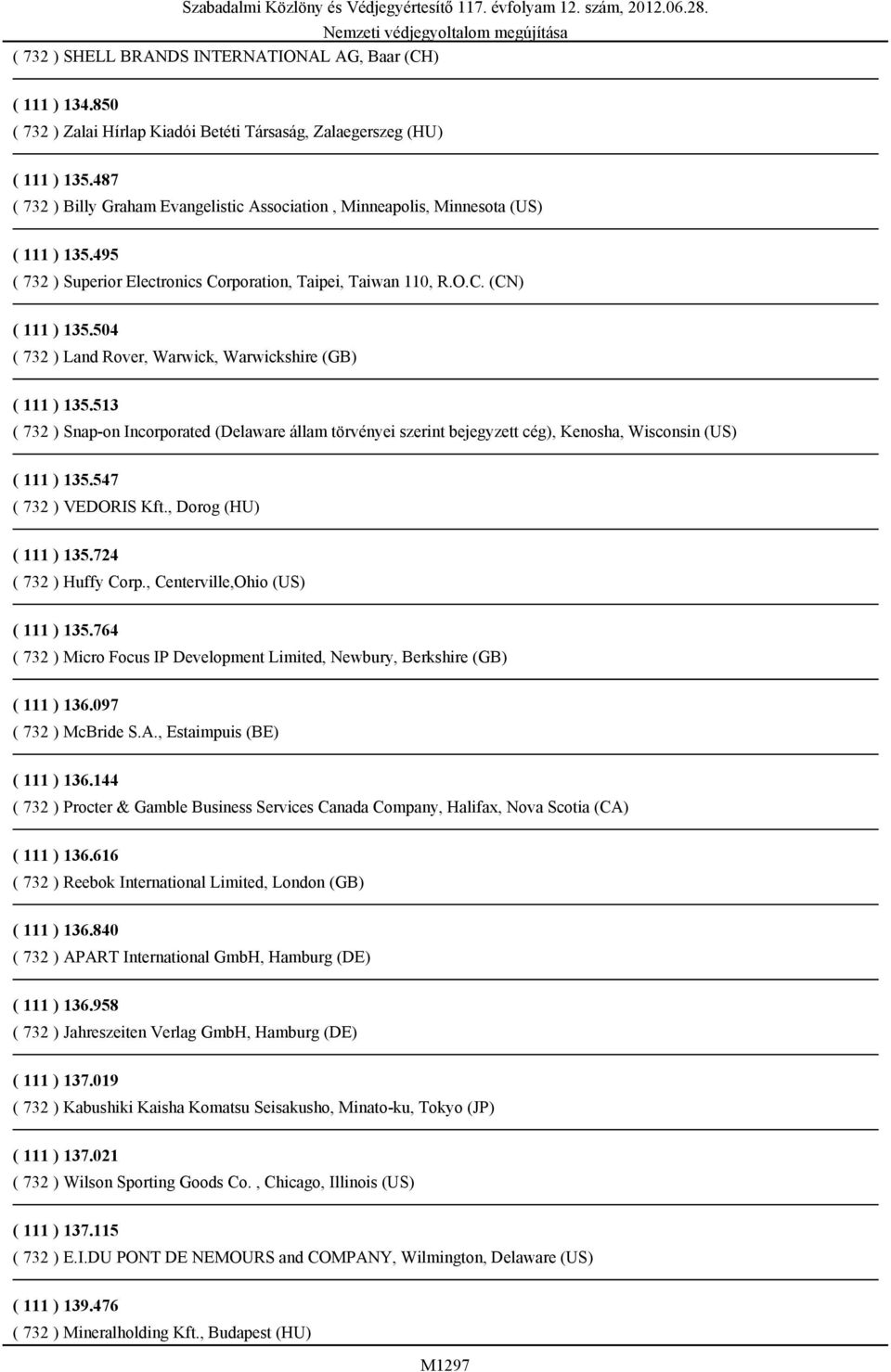 495 ( 732 ) Superior Electronics Corporation, Taipei, Taiwan 110, R.O.C. (CN) ( 111 ) 135.504 ( 732 ) Land Rover, Warwick, Warwickshire (GB) ( 111 ) 135.